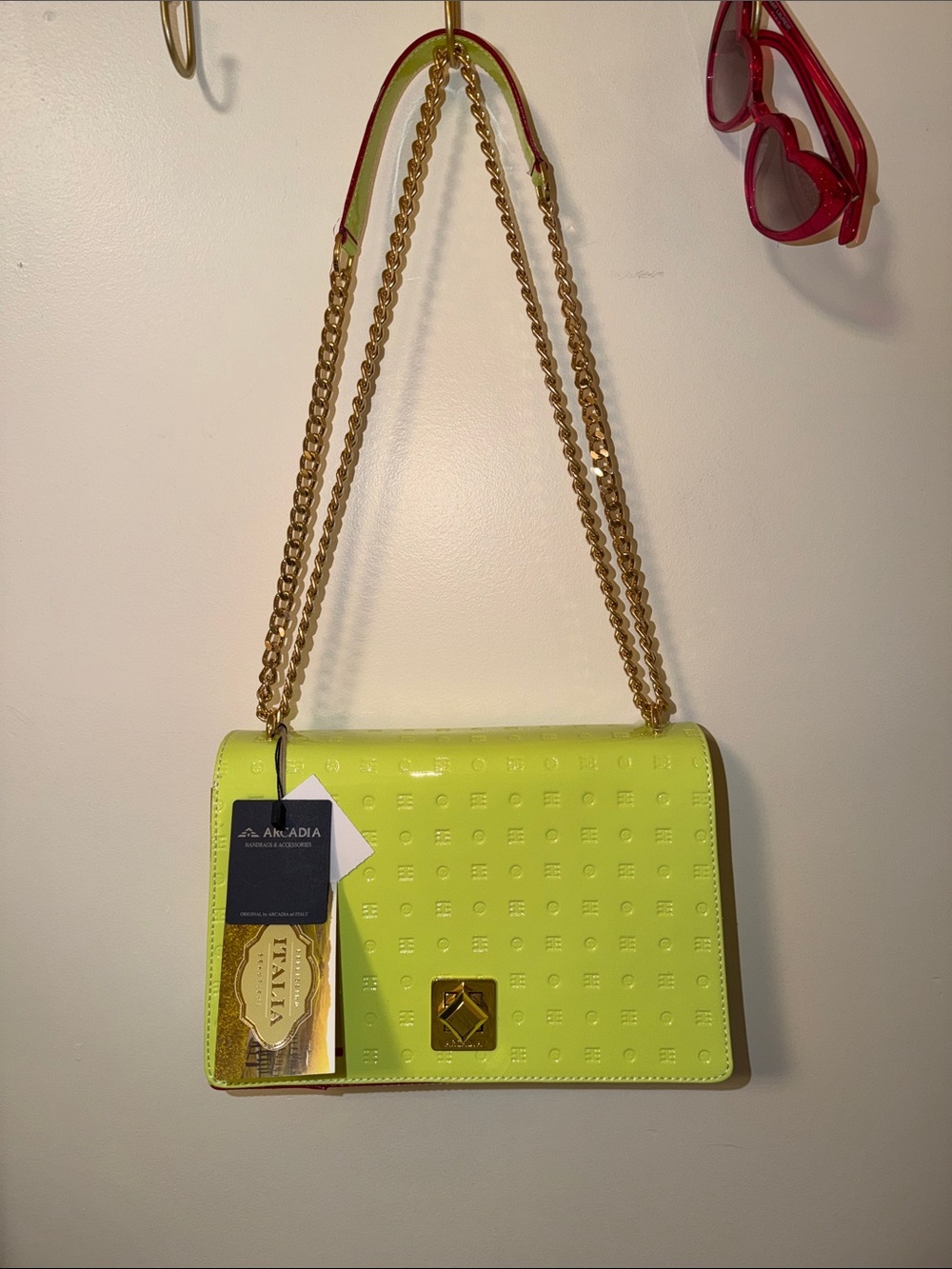 Arcadia Neon Lime Patent Shoulder Bag with Gold Chain NWT